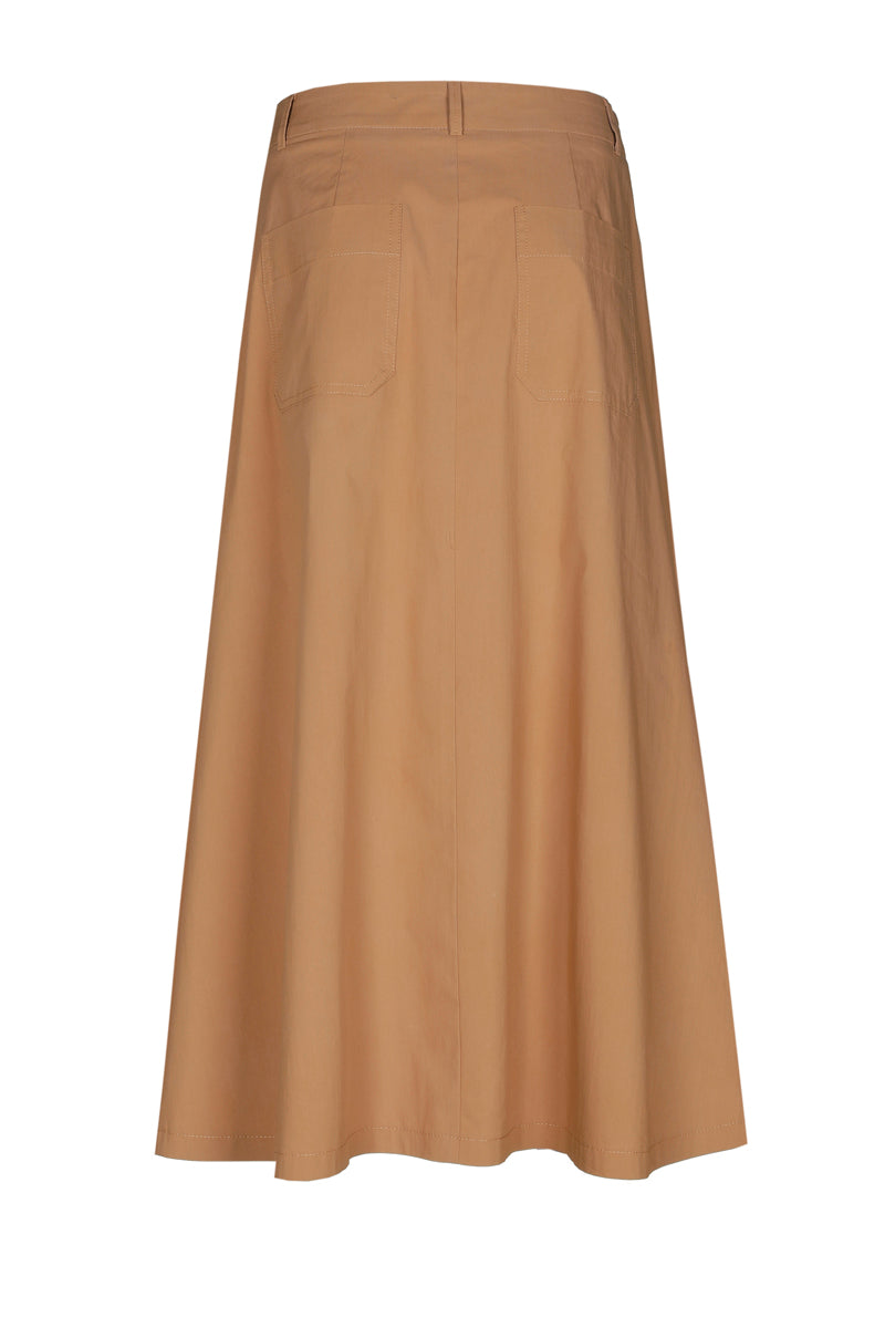 Camel midi-rok met plooien en zakken