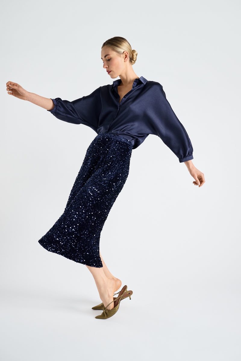 Kuitlange rok met pailletten in navy
