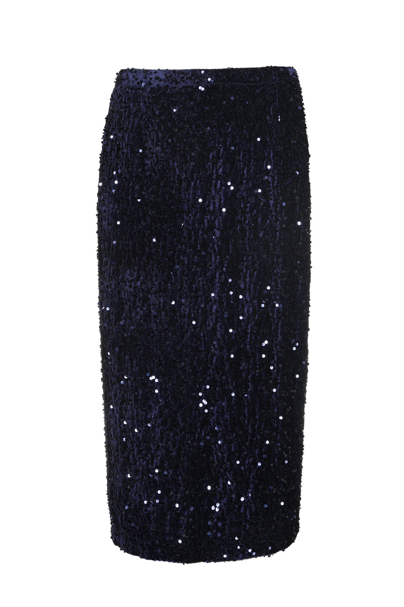 Kuitlange rok met pailletten in navy