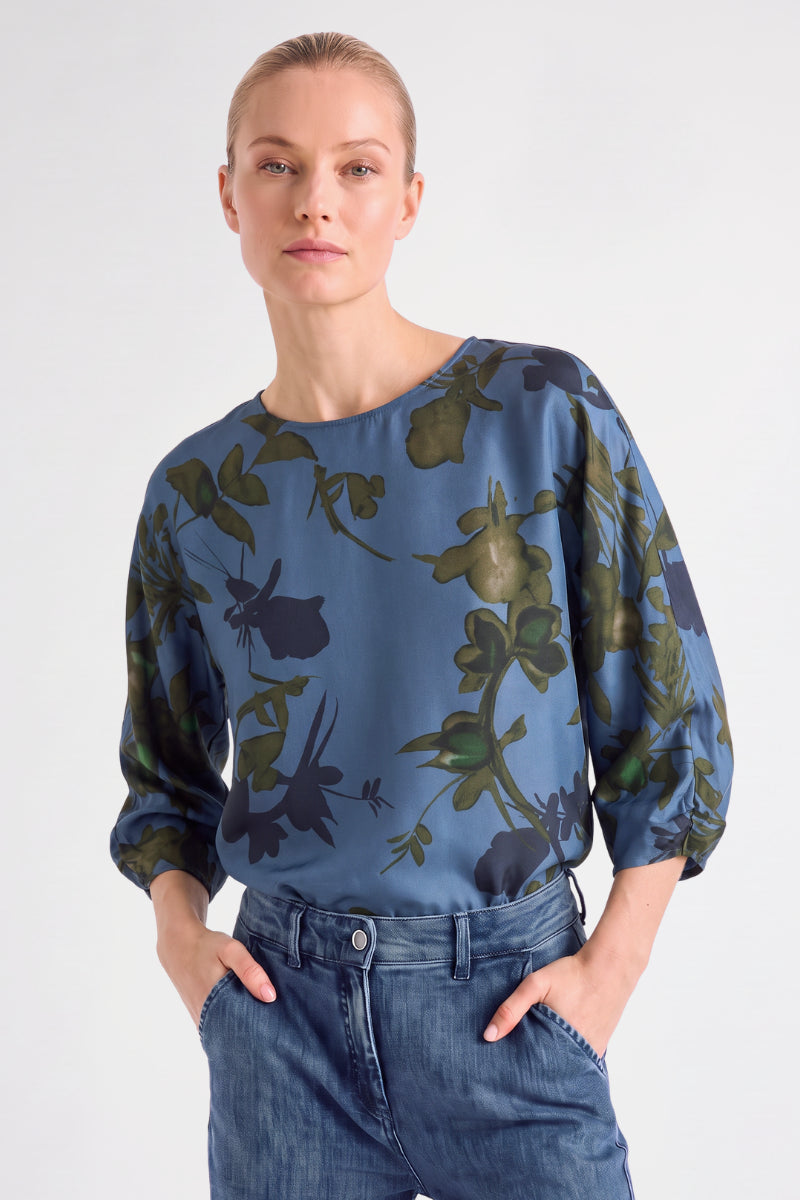 Top viscose bleu imprimé à manches trois-quarts