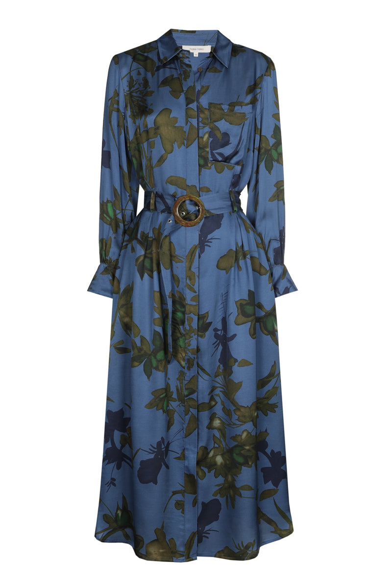 Blauwe getailleerde hemdsjurk met print