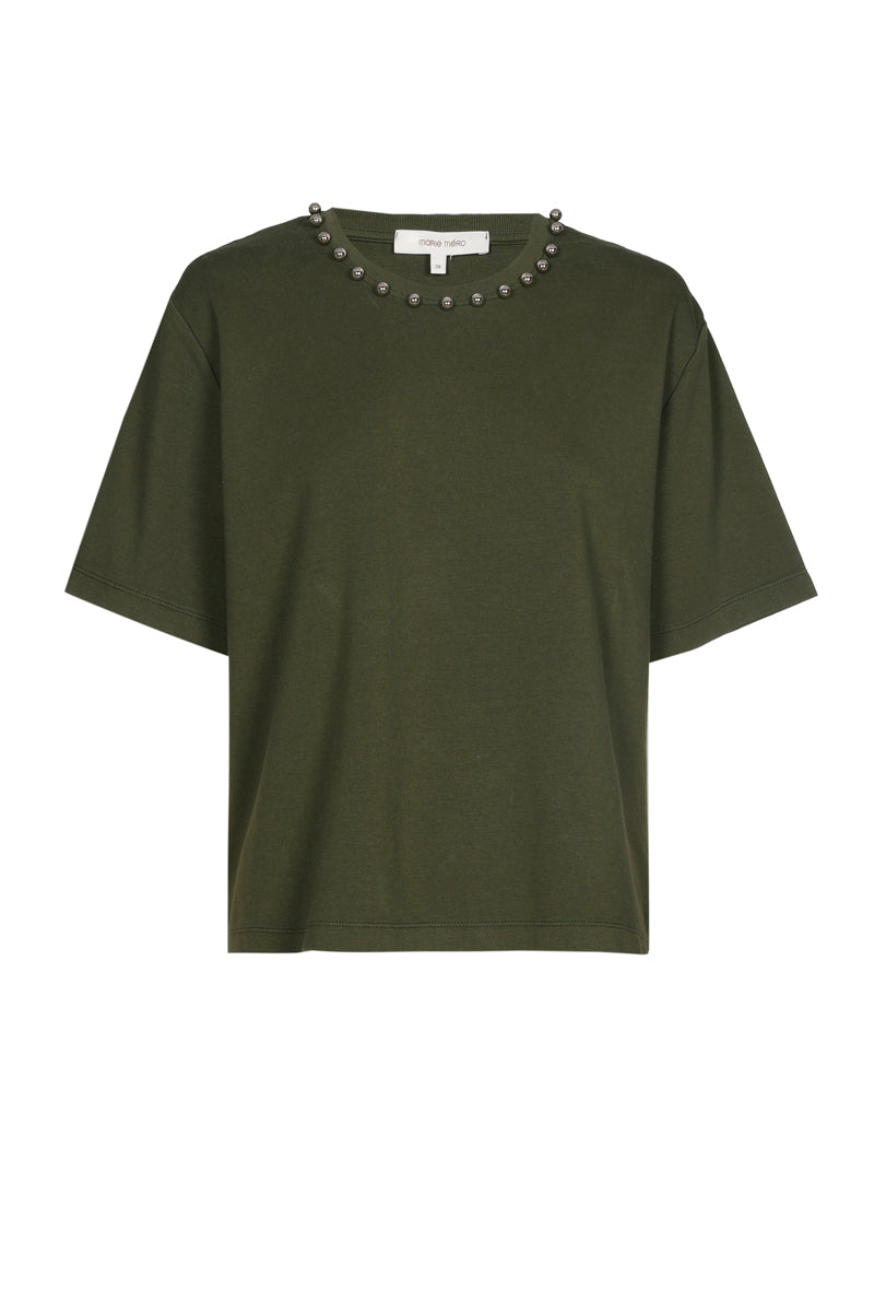 Kaki boxy T-shirt met trompe l'oeil ketting