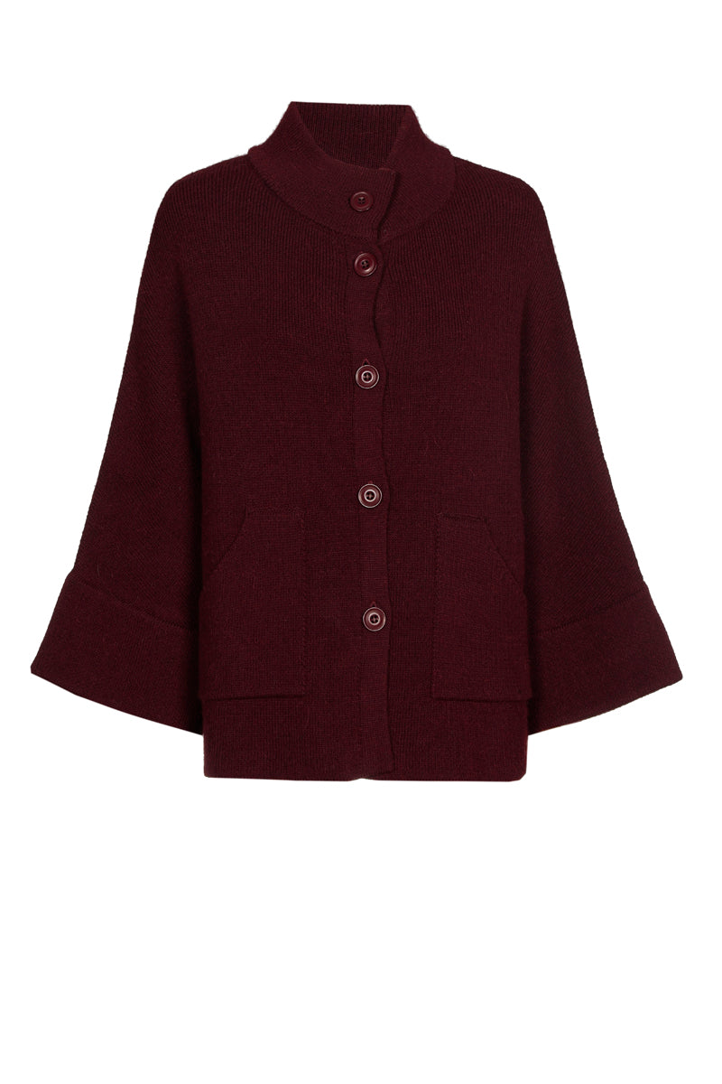 Buttoned burgundy cape-sweater with turtleneck
