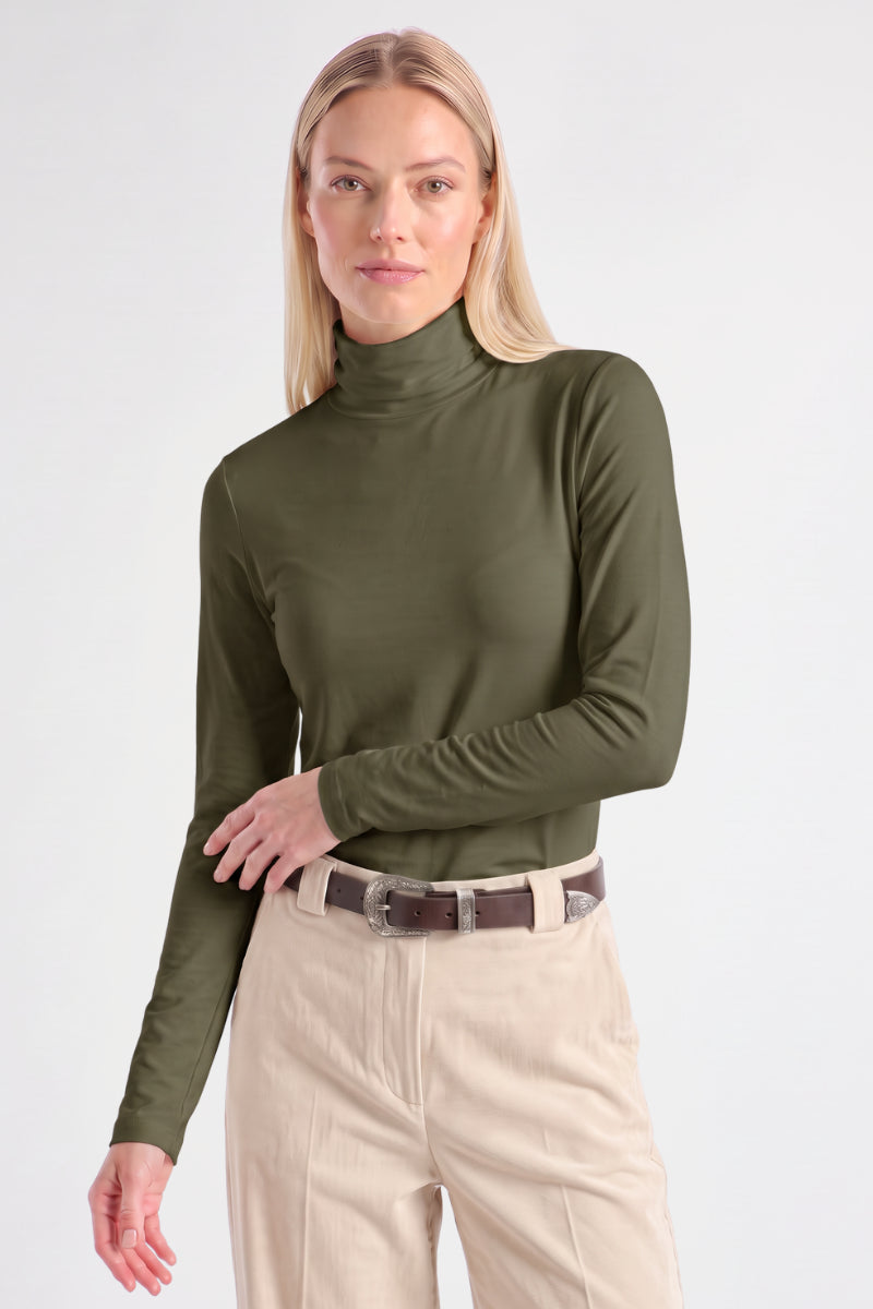 Sous-pull kaki met gefronste mouw