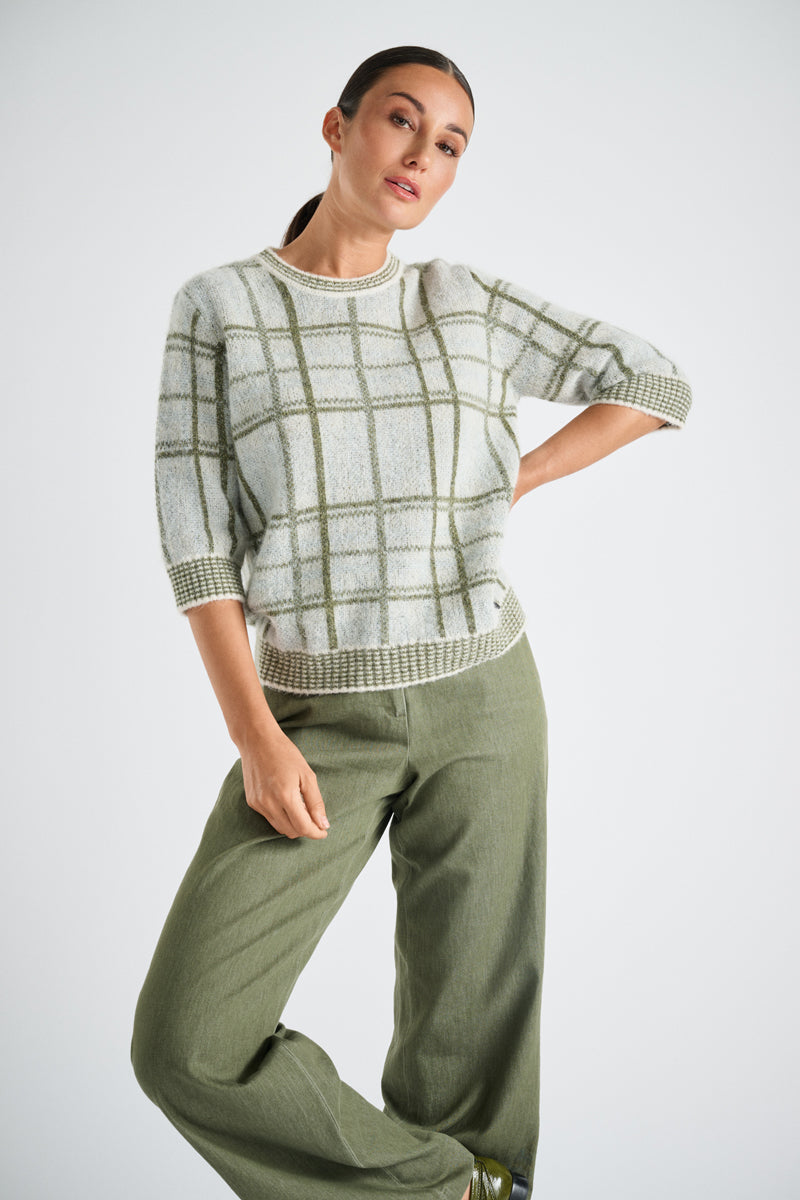 Pull alpaga vert à motif carreau