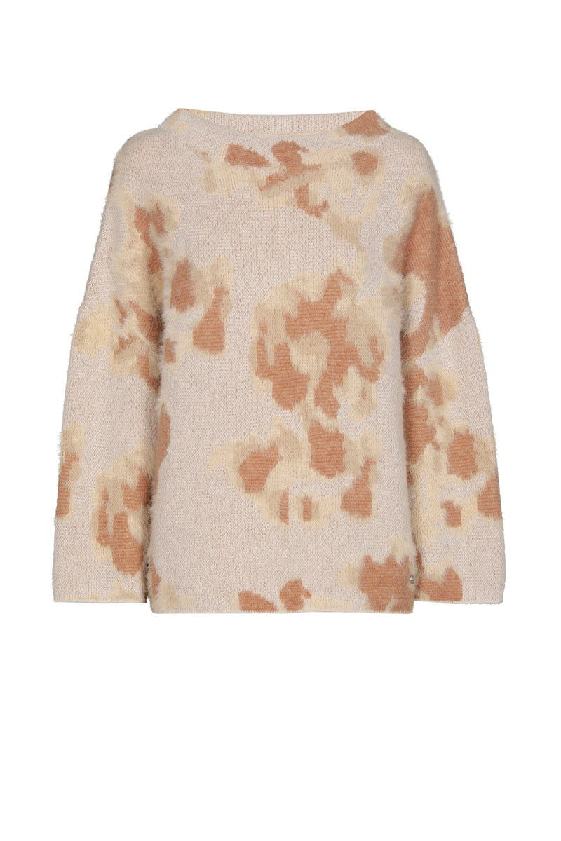Mohair jacquard trui camel met opstaande kraag