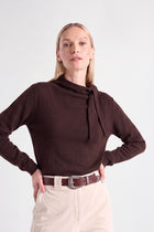 Pull boxy marron laine-mohair avec col écharpe