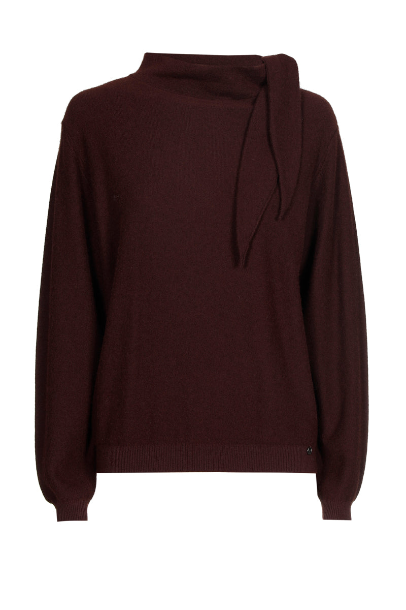 Bruine wol-mohair trui met sjaalkraag