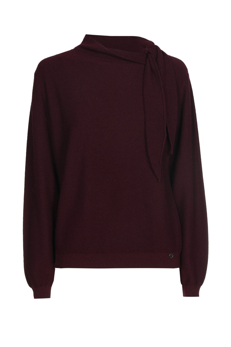 Boxy burgundy wool-mohair sweater with scarf collar