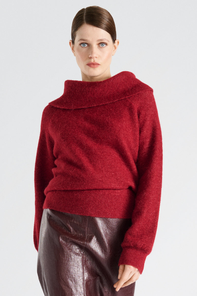 Fluffy burgundy alpaca sweater with large rollneck