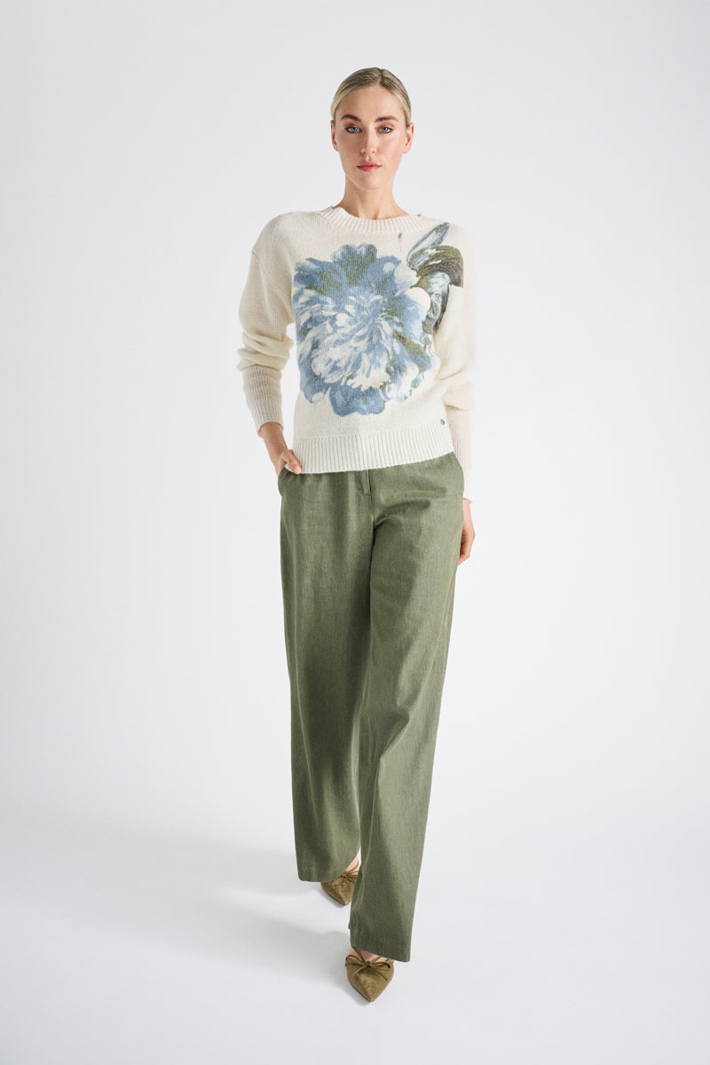 Ecru flower printed sweater in wool-alpaca