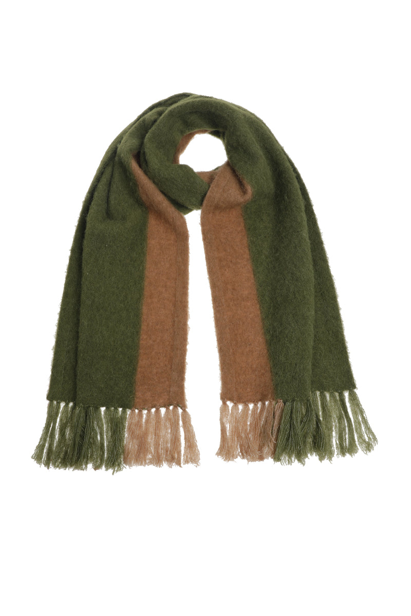 Bicolor khaki alpaca scarf with fringes