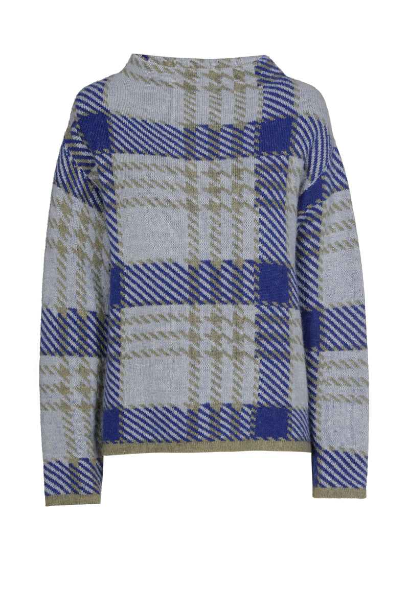 Loose-fitting checked jumper with a stand-up collar