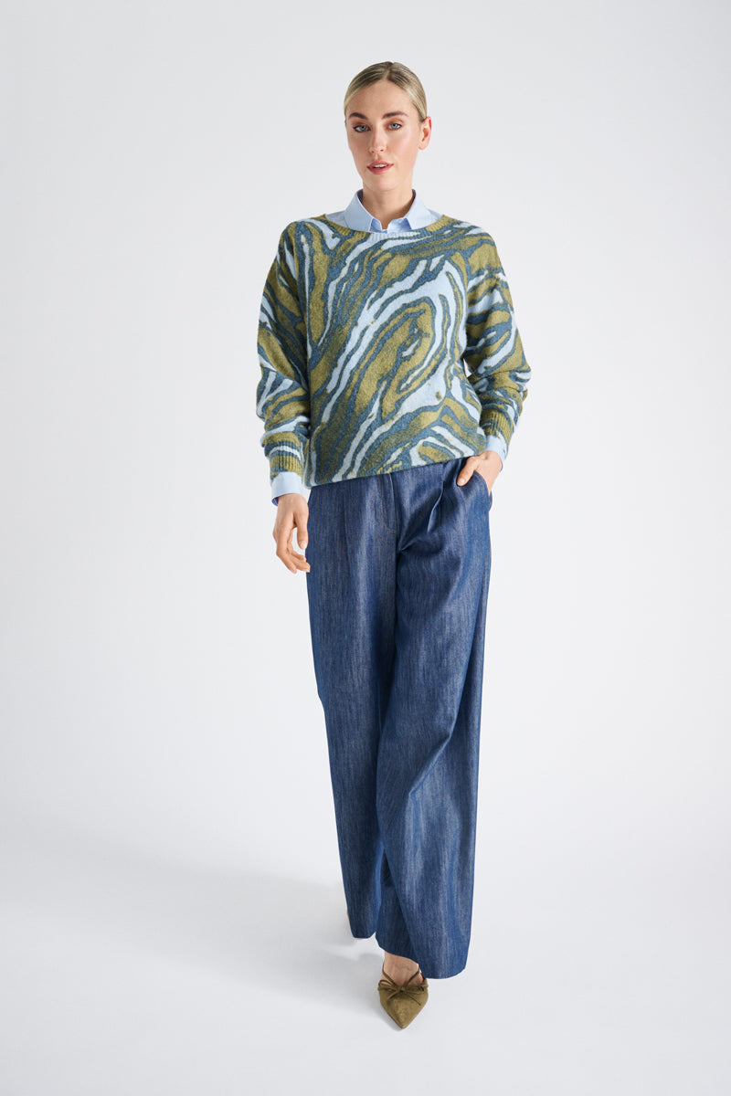 Pull en alpaga-laine bleu imprimé graphique