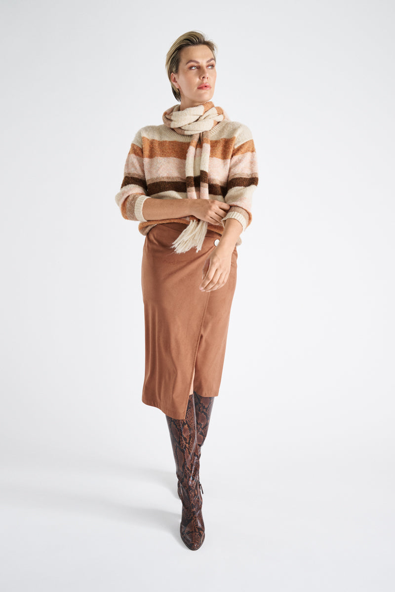 Pull rayé laine à col rond orangé