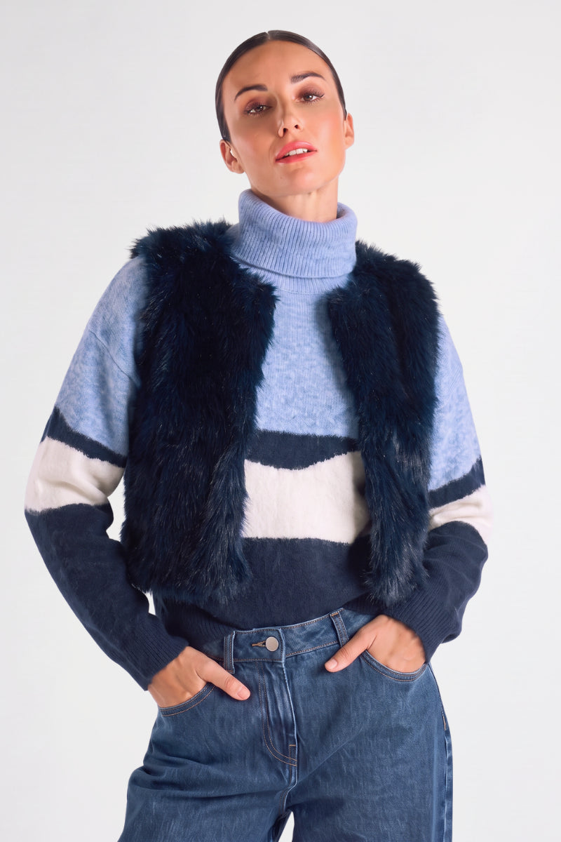 Waistcoat bleu fausse fourrure sans col