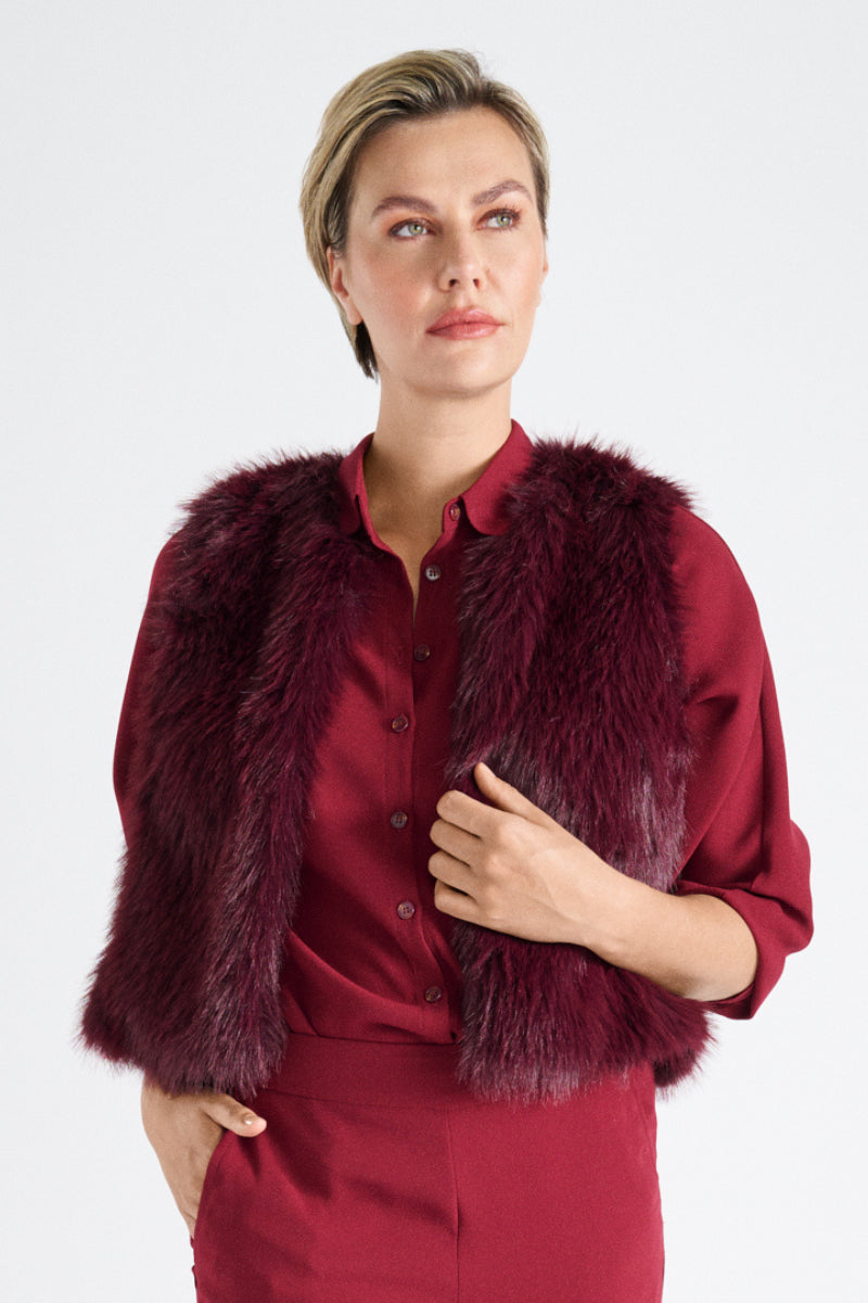 Bordeaux fake fur collarless waistcoat 