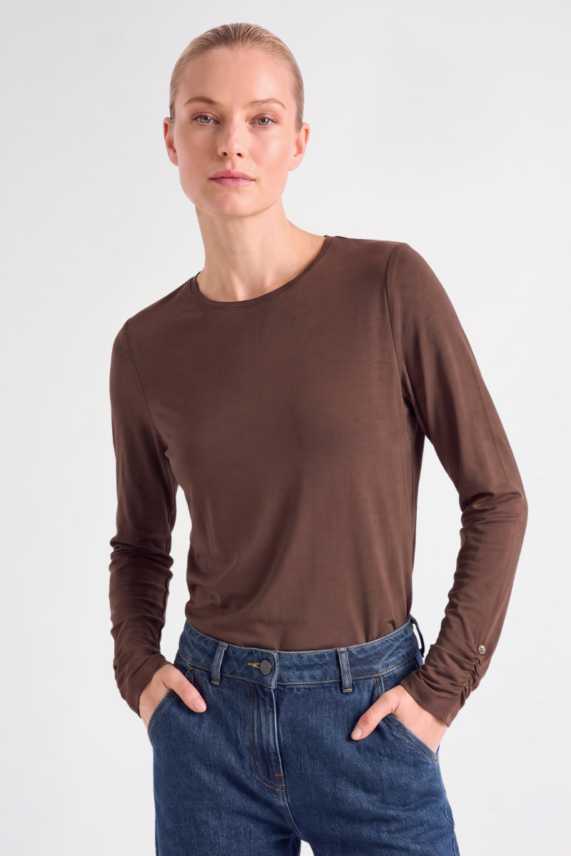 T-shirt basique marron longue manche froncée