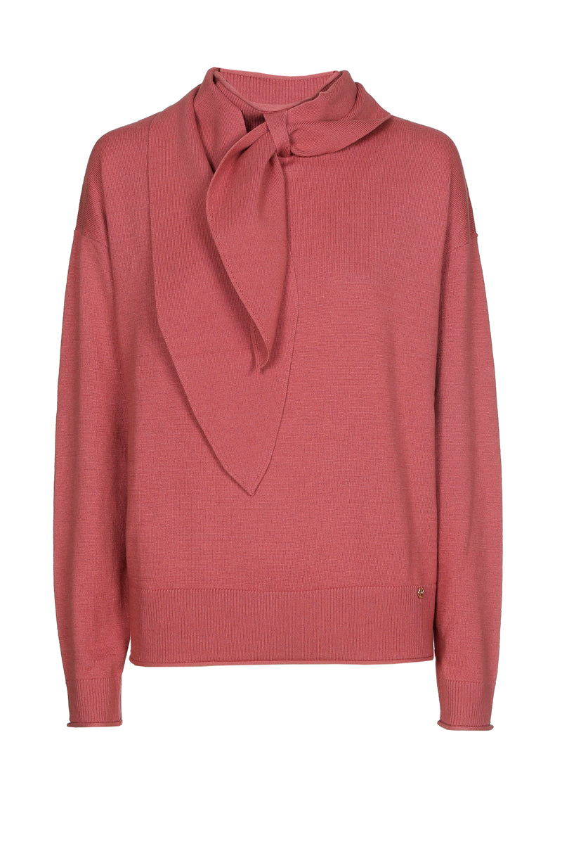 Pull boxy col cravate brique en cachemire-coton