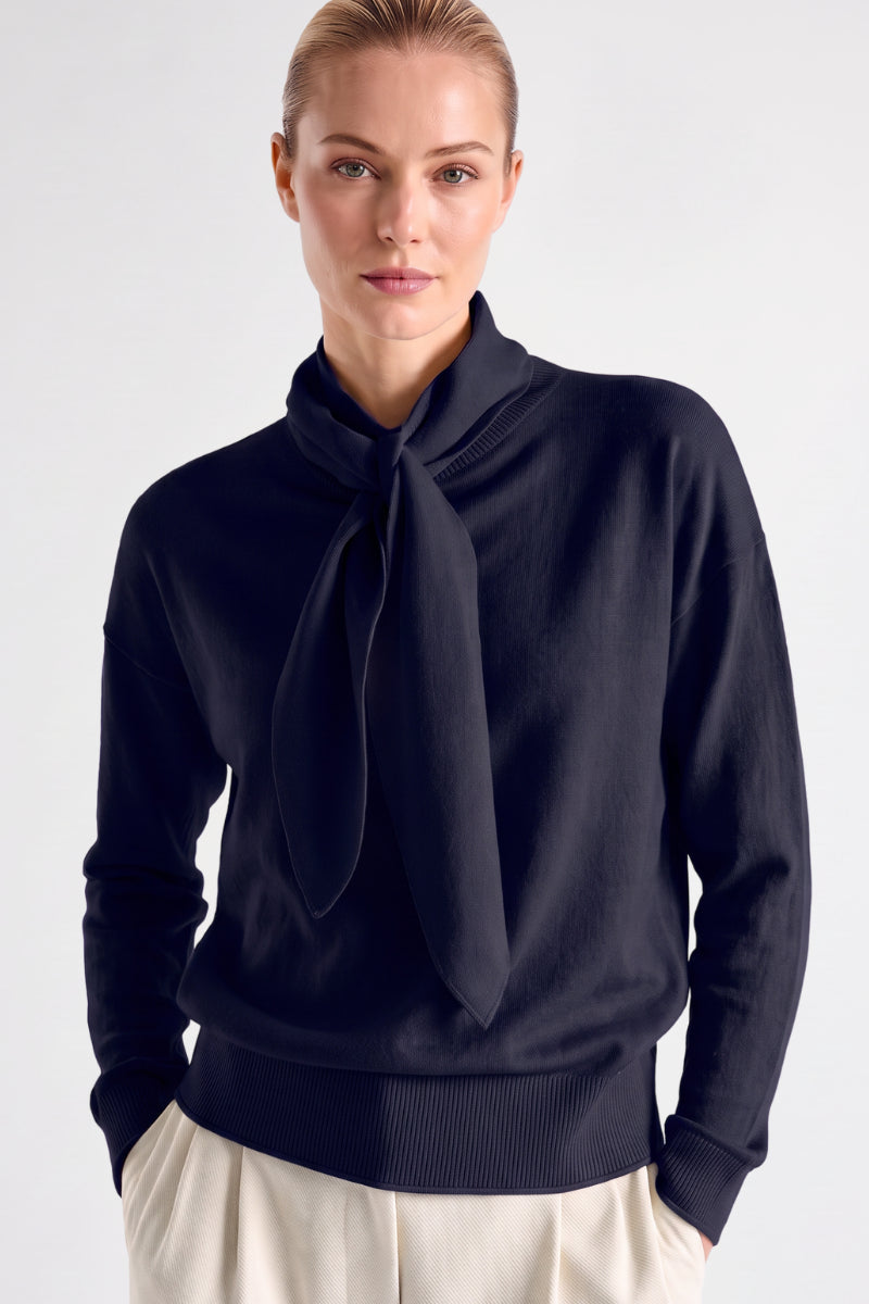 Navy cotton-cashmere sweater with scarf collar