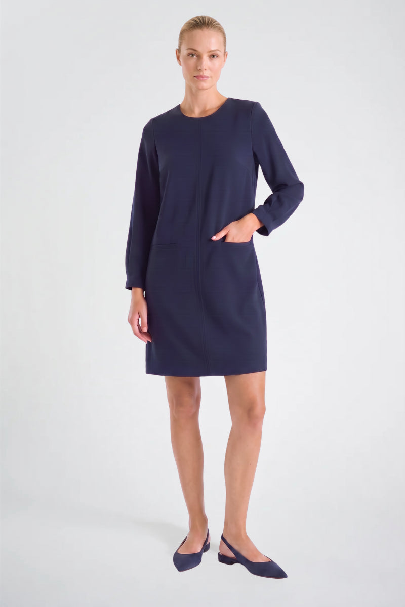 Robe bleue droite col rond et manches longues