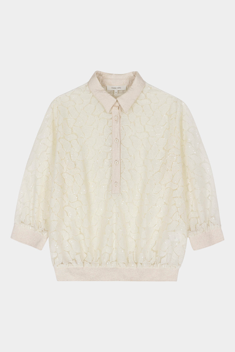 Cream semi-sheer tunic blouse with shirt collar