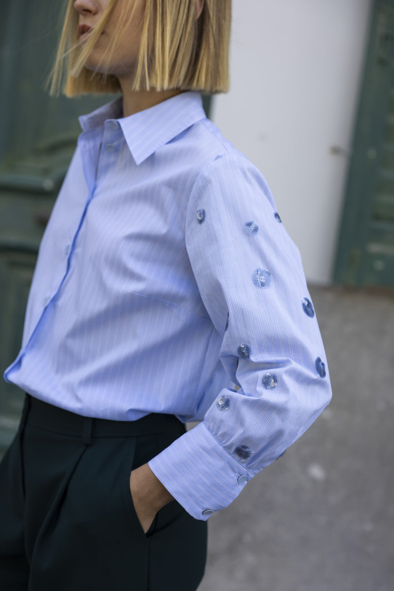 Light blue pinstripe blouse with unique sequin sleeves