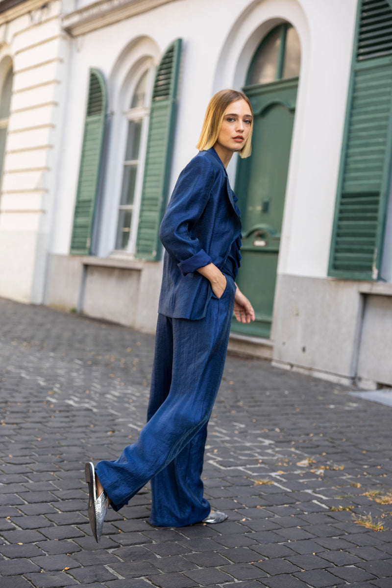 Pantalon large bleu marine à taille élastiquée
