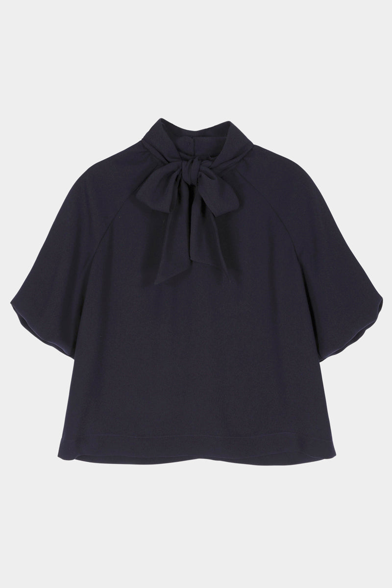 Midnight blue tunic blouse with detachable bow and balloon sleeves