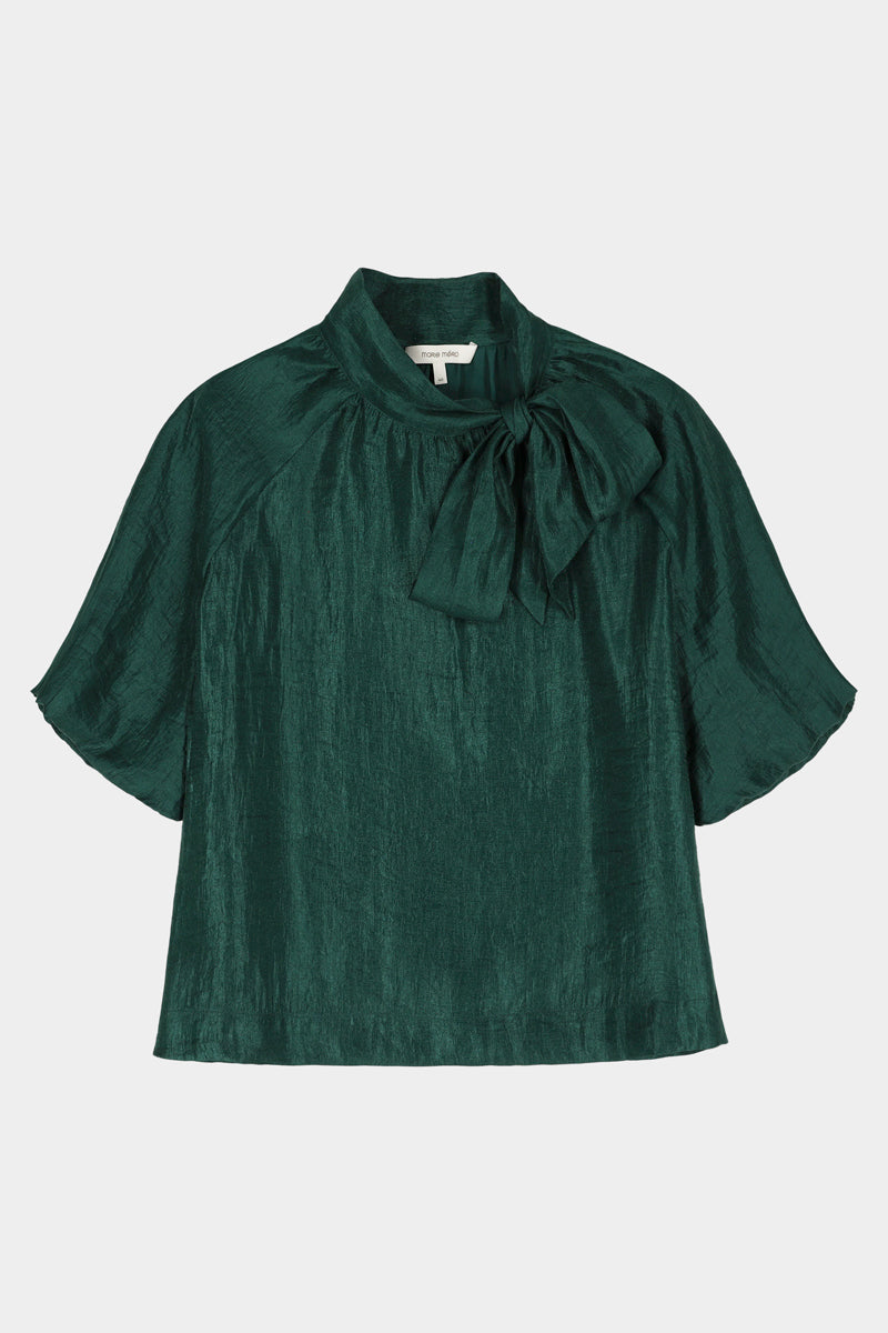 Loose dark green tunic blouse with bow collar and short sleeves