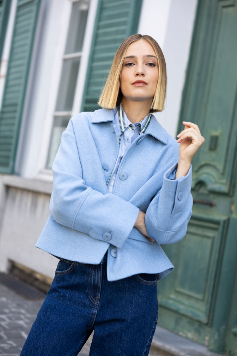 Short light blue wool-blend jacket with buttons