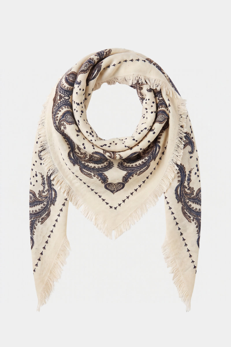 Driehoekige paisley sjaal met blauw in wol-kasjmiermix