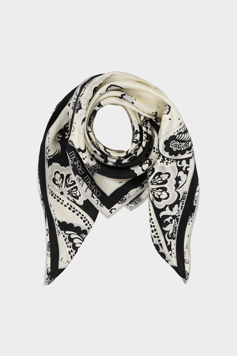 Foulard carré à imprimé cachemire crème, noir et argenté
