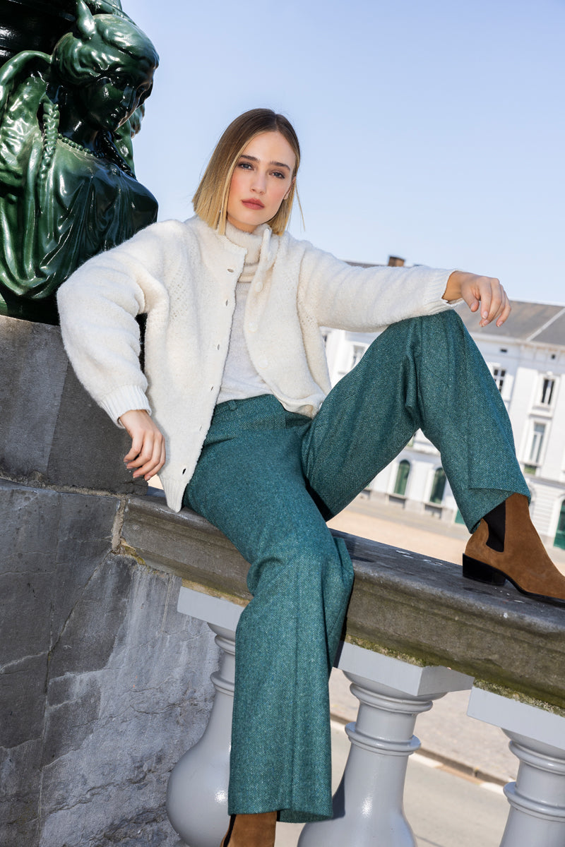 Ecru wool-alpaca blend cardigan with stand collar