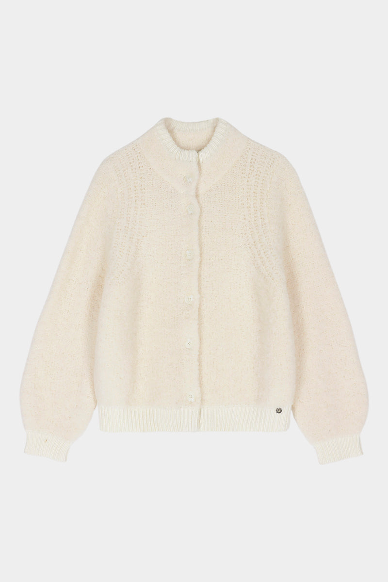 Cardigan écru en mélange laine-alpaga à col montant