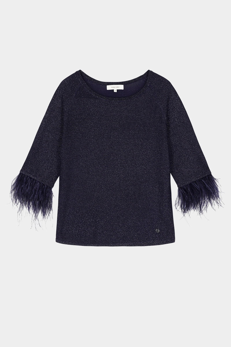 Pull bleu marine scintillant à manches ornées de plumes
