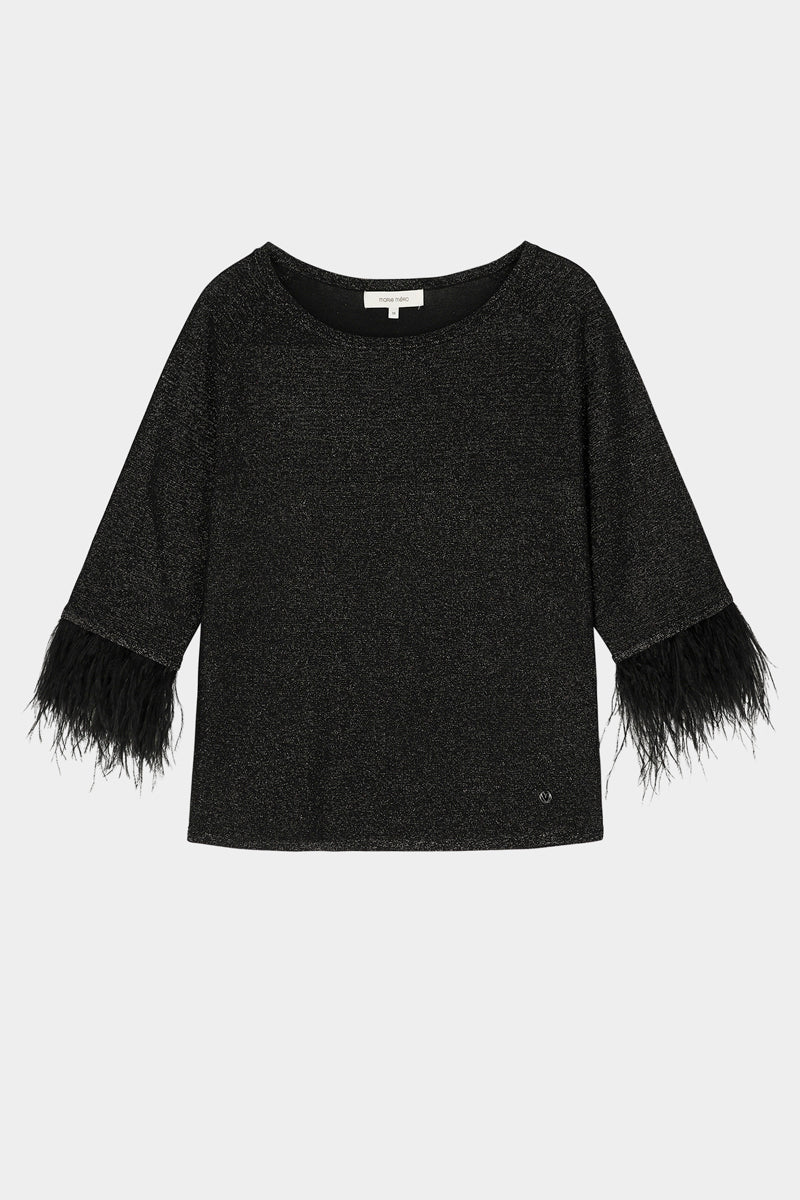 Pull noir scintillant à manches ornées de plumes