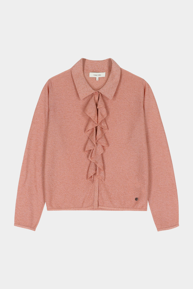 Pull fin rose à volants et fils brillants