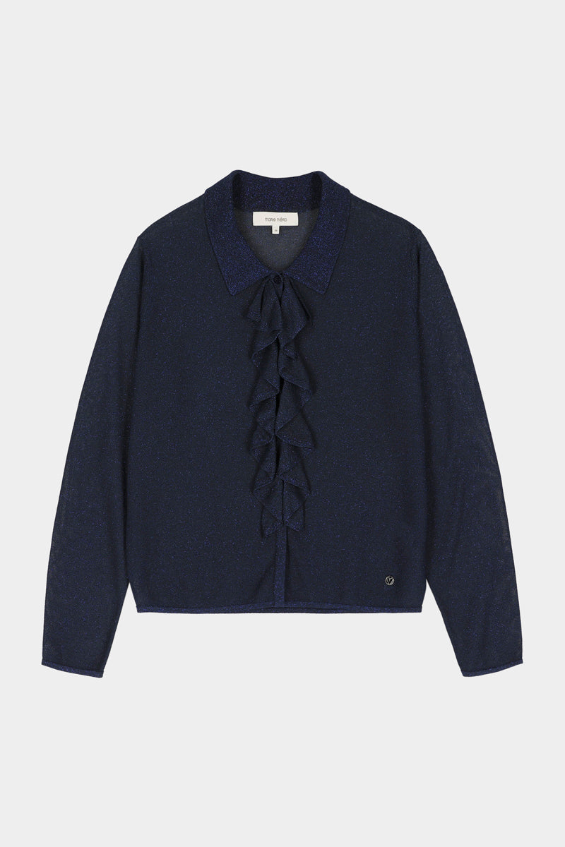 Fine navy sweater with ruffles and shimmer