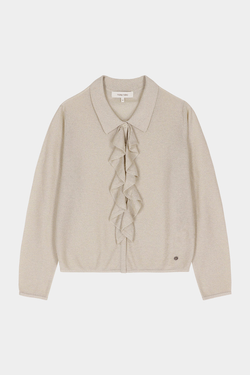 Pull fin beige à volants et fils brillants