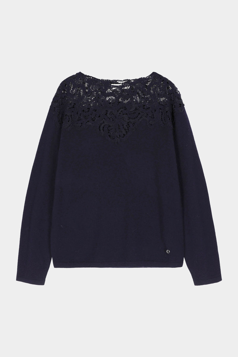 Pull bleu nuit doux en laine-cachemire avec finition en dentelle