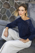Lovely navy blue jumper in a jacquard pattern with a shimmering effect