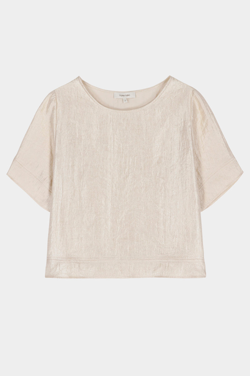 Loose champagne-coloured tunic blouse with short sleeves