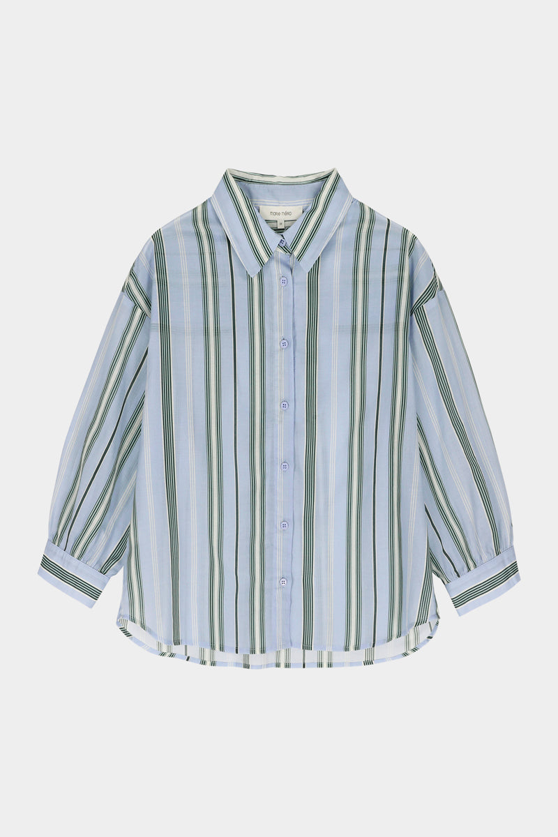 Blue and green striped blouse with three-quarter sleeves