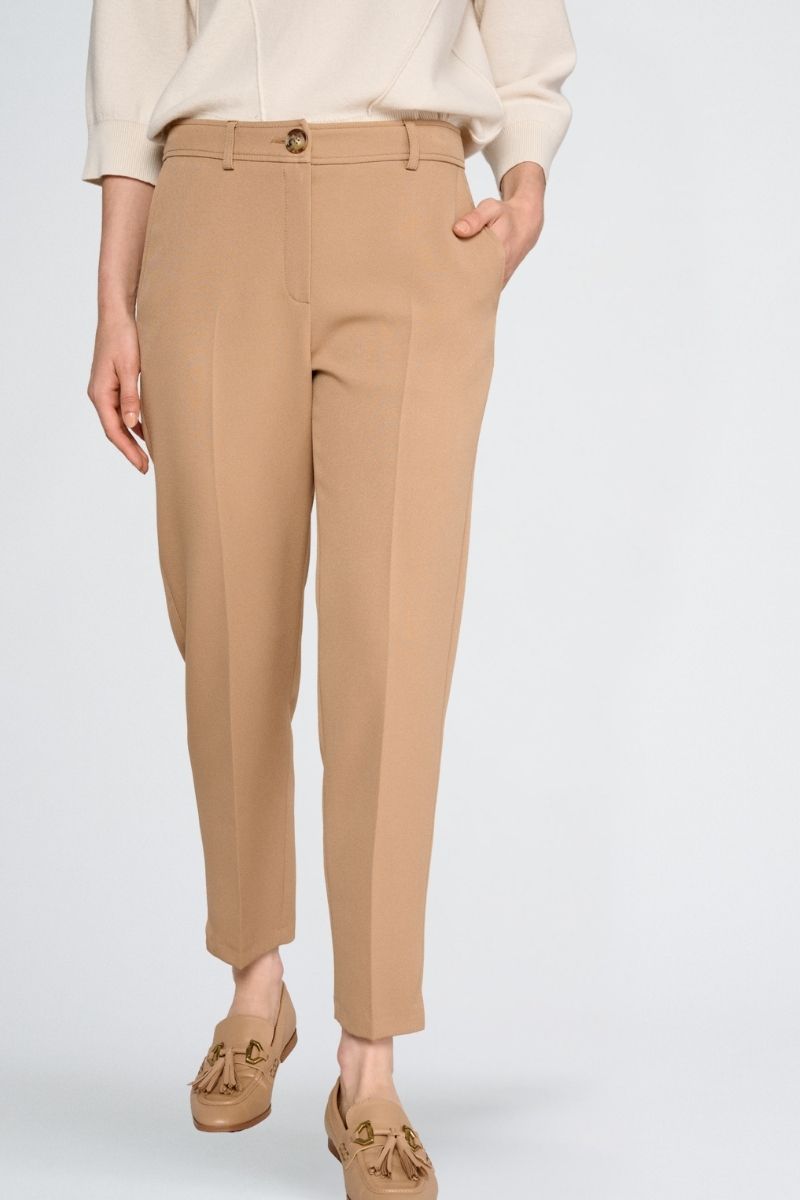 7/8 broek in camel met rits vooraan en knoopsluiting
