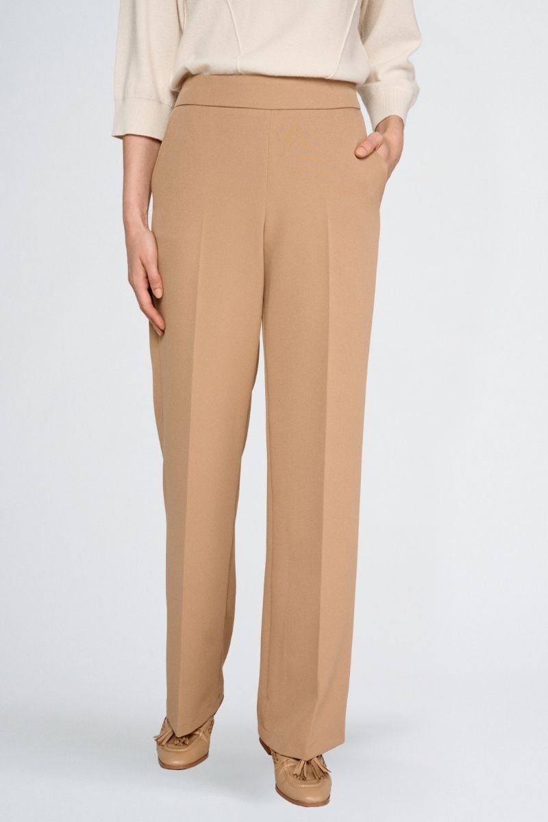 Wijde camel broek met rits opzij