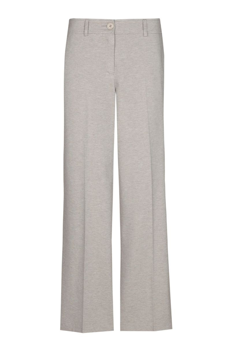 Wijde taupe broek in zachte jerseykwaliteit met rits vooraan en knoopsluiting