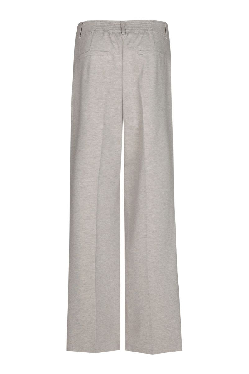 Wijde taupe broek in zachte jerseykwaliteit met rits vooraan en knoopsluiting