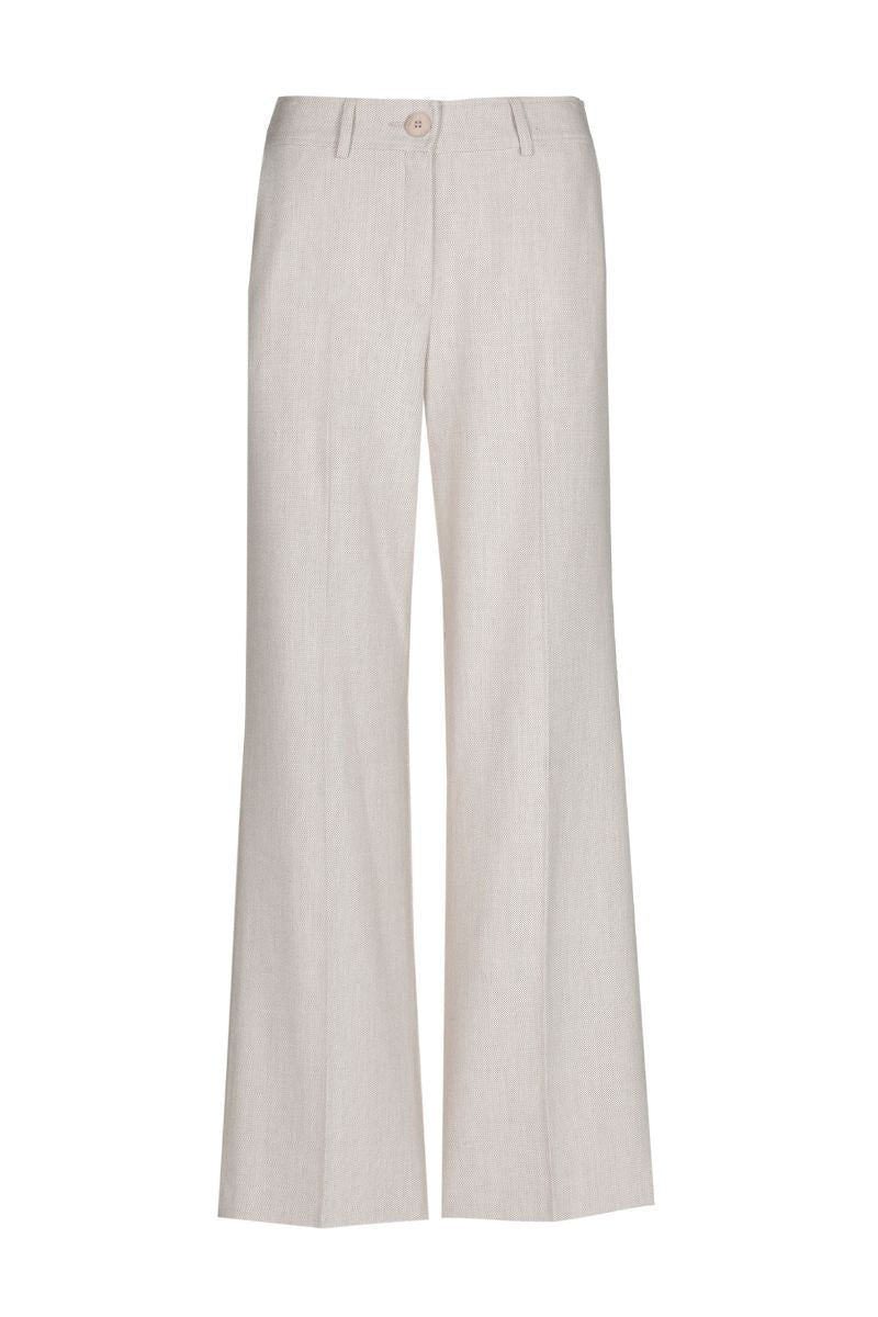 Wijde beige broek in zachte wolkwaliteit met rits vooraan en knoopsluiting
